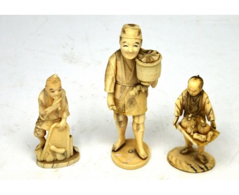Three early 20th century ivory figures; a vegetable seller smoking an opium pipe, marks to base, height 11cm, a Japanese figu