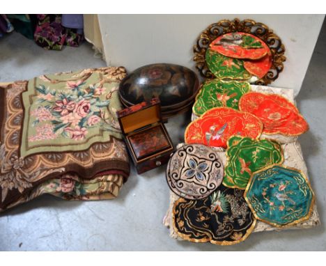 Two woven tapestry throws, two crochet table cloths, a painted oval trinket box, a nest of three faux tortoiseshell boxes and