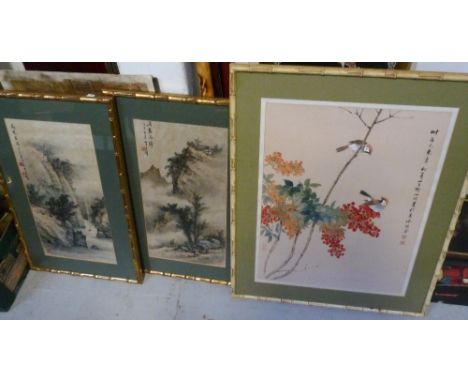 Two Chinese landscape paintings; one of mountains, the other a boat in river scene and a further Chinese print of birds in fr