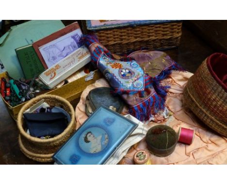 A collectors' lot to include a sewing box and contents, Girl Guide badges and patches, a book 'How To Talk Correctly', a smal
