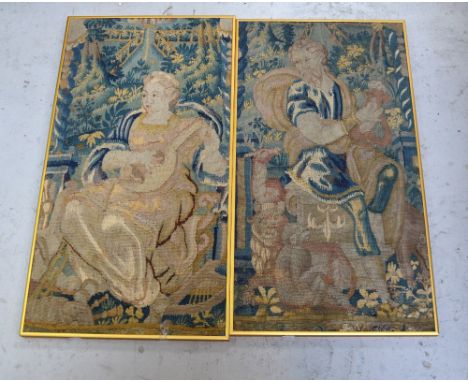 A pair of 19th century French tapestry panels in the Aubusson manner, one depicting a seated gentleman surrounded by creature