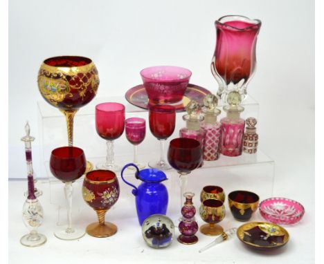 A quantity of Venetian decorative glass to include large and small glasses, ornamental perfume bottles, wine glasses with twi