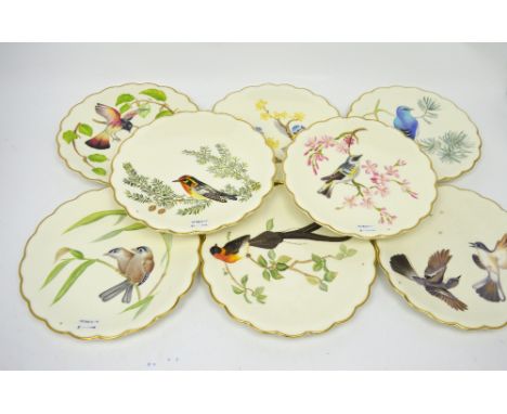 Eight Royal Worcester relief-decorated dessert plates; limited annual edition 'The Birds of Dorothy Doughty', 'Mountain Blueb