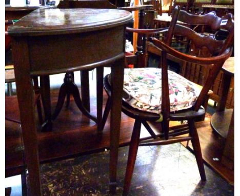 A 20th century oak demi-lune console table, approx 77 x 73cm, a 1970s Ercol-style elbow chair and a reproduction drop-leaf co