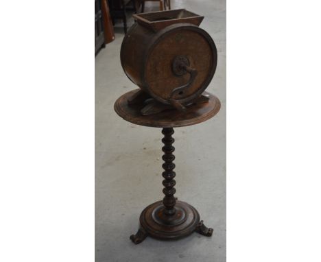 A 19th century circular occasional table on bobbin-turned column, diameter 48cm (af), also an oak butter churn by Stroud & So