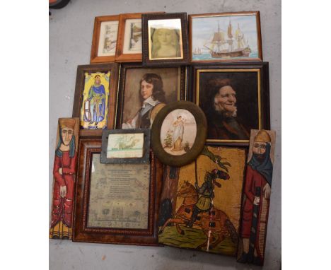 A quantity of paintings and prints to include an oil on wood of a knight, a mahogany shield with coat of arms for Chestnutt &