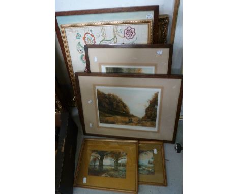 A quantity of paintings and prints to include T Weddel; oil on board, boats in seascape, two watercolours, one 'On the Edge o