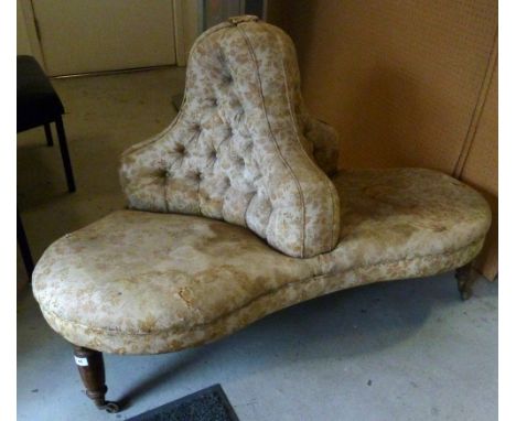 A Victorian upholstered button-back chaperone chair on turned mahogany legs, length approx 126cm (af).