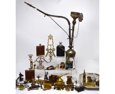 An opium pipe with cloisonné decoration of bird and bamboo, a plated tray, plated candlesticks and various bottle stoppers, b