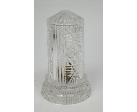 A 1920s crystal cut glass electric table lamp with turret-form shade, height approx 21.5cm.