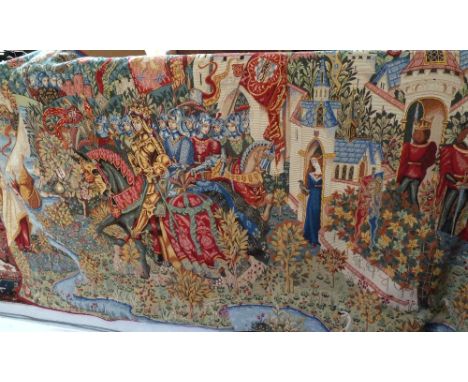 A modern French heraldic scene tapestry with French label verso, 'Tapisserie d'Halluin Point de Loiselles', 130x 240cm.