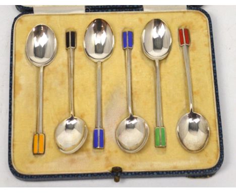 A boxed set of six Art Deco hallmarked silver and enamel coffee spoons, Walker & Hall, Birmingham 1936, approx 1.6ozt.
