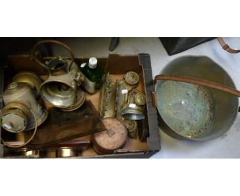 Two early motor car brass lanterns, one with plaque for 'Rotax Motor Company No.314', a further early brass bicycle lamp, a b