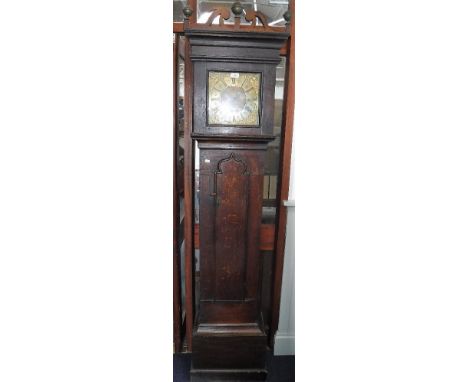 AN EARLY 18TH CENTURY OAK LONGCASE CLOCK, the single handed 9" brass dial inscribed "Gil Bullock BP Castle", 88.5" high