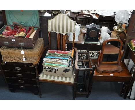 A VICTORIAN MAHOGANY BIDET, a dressing glass, an oak stick stand, an Edwardian armchair and a small reproduction "military" c