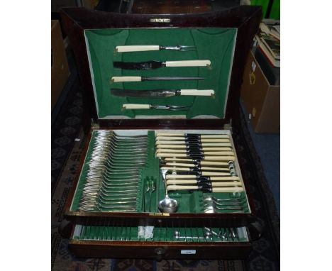 A CANTEEN OF SILVER PLATED CUTLERY contained in a mahogany box