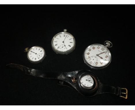 A LADIES SILVER FOB WATCH, two pocket watches and a similar fob watch