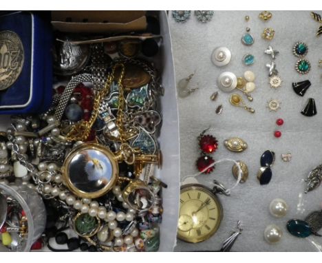 A COLLECTION OF COSTUME JEWELLERY including a silver open-face pocket watch