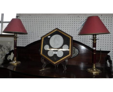 A PAIR OF BRASS ELECTRIC TABLE LAMPS, a similar floor lamp and a collection of framed plaster plaques depicting famous histor