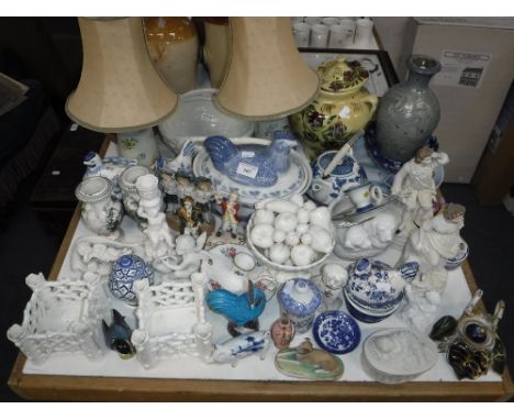 A PAIR OF 19TH CENTURY PRATTWARE VASES with printed scenes, a German bisque Greyhound and other decorative ceramics