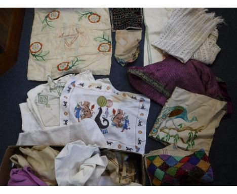 A QUANTITY OF LACE AND LINEN including cushion covers and other textiles (2 boxes)