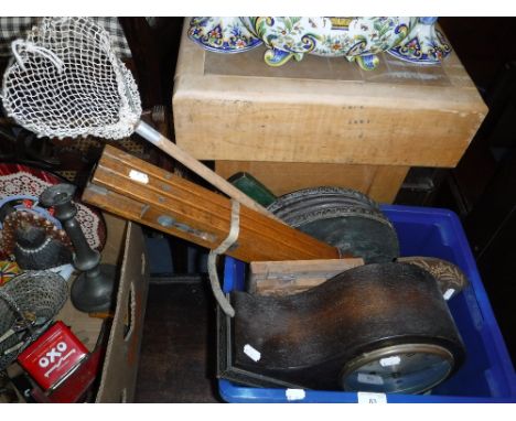 A VINTAGE FISHING NET, Treen bowl, a carved wood sliding bookshelf, a vintage mantel clock and other items (1 box)