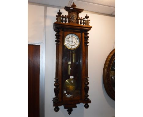 A LATE 19TH/EARLY 20TH CENTURY VIENNA REGULATOR WALL CLOCK, with an enamel dial in a mahogany and veneered case, overall heig