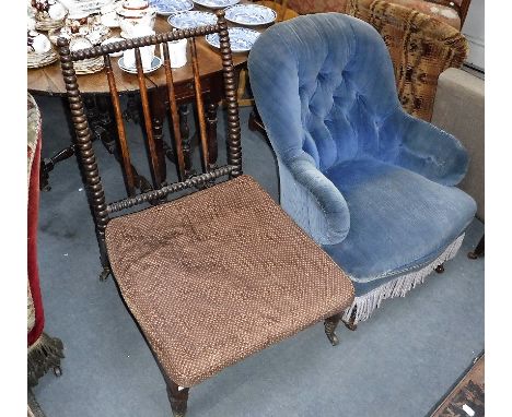 A VICTORIAN IRON FRAMED BUTTON-BACK ARMCHAIR with blue corduroy upholstery, with a Victorian bobbin-turned chair with squab c
