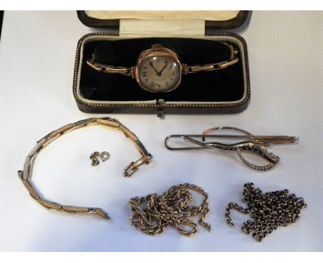 A LADIES ROSE GOLD WRISTWATCH, attached to an expanding bracelet and a collection of similar items including a 9K yellow gold