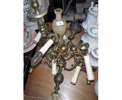 AN ALABASTER TABLE LAMP, a pair of Dutch style brass wall lights and other lighting