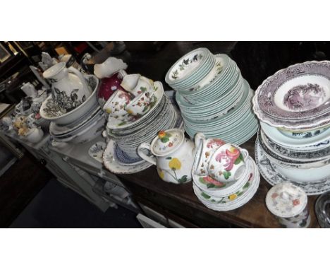 A VICTORIAN CERAMIC WASH JUG AND BASIN with black printed flower decoration and a large collection of teaware and other decor