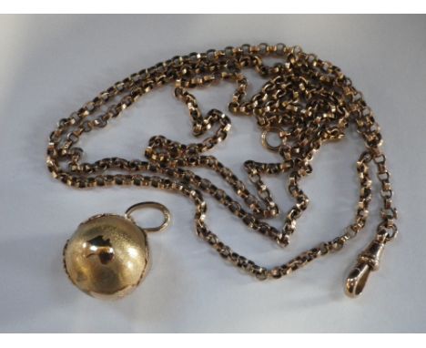 A 9CT YELLOW GOLD FOB CHAIN, 30" long, circa 10gms and an unmarked yellow metal globe pendant (2)