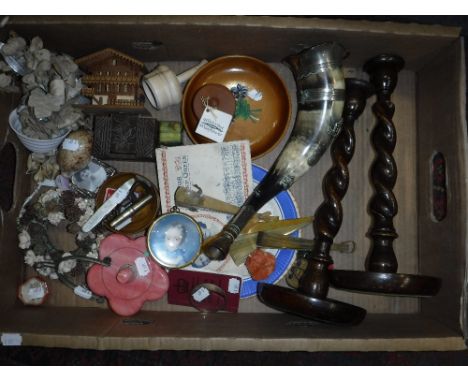 A MOUNTED HUNTING HORN, a pair of early 20th century oak barley-twist candlesticks and other items (1 box)