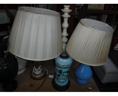 A GREEN GLAZED POTTERY VASE, converted to a table lamp and a selection of other table lamps, some with shades