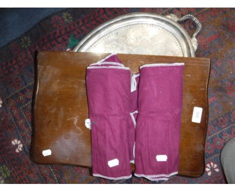 A COLLECTION OF SILVER PLATED CUTLERY, a wooden cutlery box and a silver plated two handled tray