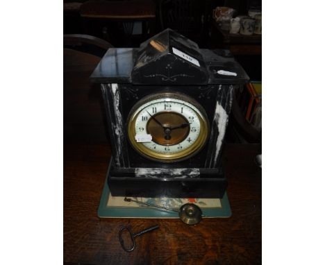 A VICTORIAN BLACK SLATE AND MARBLE MANTEL CLOCK