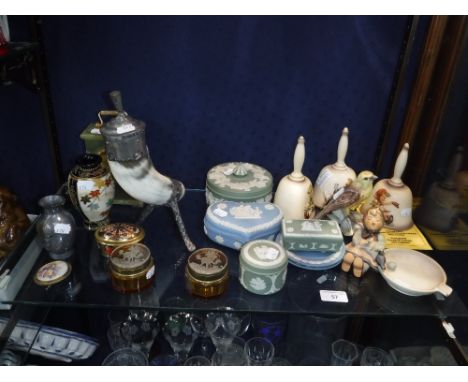 A COLLECTION OF VARIOUS WEDGWOOD JASPERWARE GOEBEL BELLS, a Goebel porcelain ashtray and other decorative items