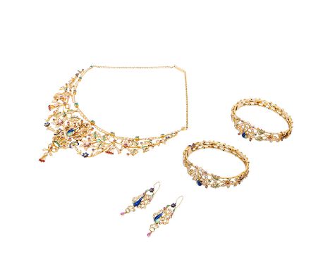 Parure "Hochzeitsschmuck" mit Rubinen, Smaragden und Saatperlen, farbig emailliert, GG 18K, 103,5 g, bestehend aus Collier 44