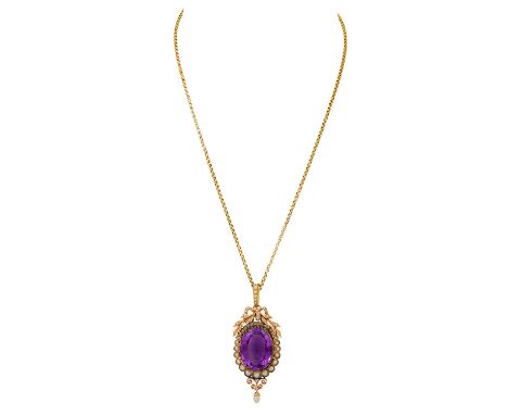 Anhänger-Medaillon mit Amethyst und Orientperlen, RG/GG 14K, Kette und Anhängerschlaufe aus GG 18K, 28,6 g, 6,5x2,7 cm, L: 52
