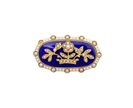 Feine Historismusbrosche "Blumenkorb", kleine (Halb-) Perlen (1 fehlt), GG 14K, 8,6 gr, Fonds guillochiert u. dunkelblau emai