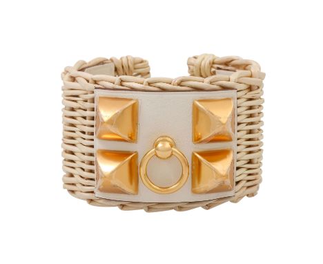 HERMÈS Armreif "Médor Picnic" weiss, NP: 1.050 €, Bastarmreif, Innenumfang ca. 14,5 cm, innen Leder, außen mit vergoldeten El