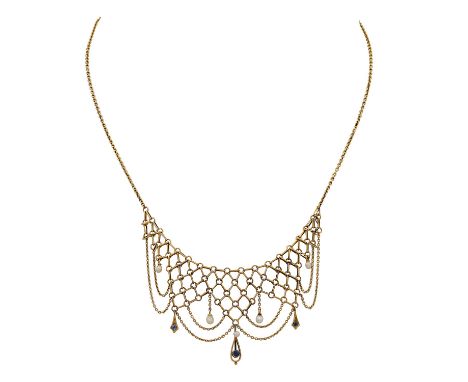 Jugendstil zartes Collier mit kleinen Perlen und Saphiren, GG 14K, 6,2 g, L: 40 cm, Mittelteil aus feinem Ösengitter mit abhä