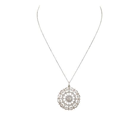 Belle Epoque, zarter Rosettenanhänger mit Diamanten zus. ca. 1,75 ct im Alt- und Rosenschliff, ca. WEISS-GW (H-K)/VS-P1, RG 1