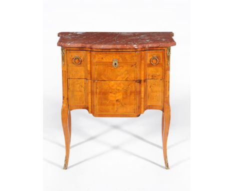 A French kingwood and specimen marquetry breakfront petit commode, in Louis XVI style, 19th century, the shaped rouge marble 