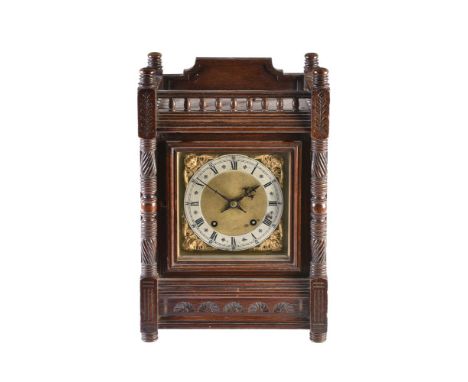 An oak cased mantel clock in Aesthetic taste, Winterhalder &amp; Hofmeier, late 19th century, with German gong striking movem