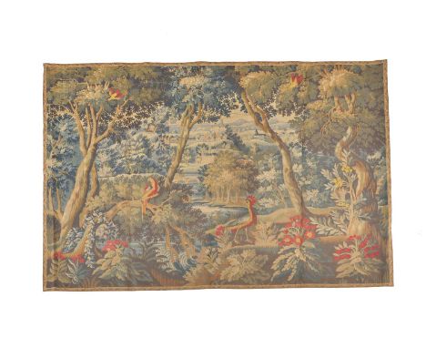 A woven tapestry panel in the manner of 18th century verdure examples, 20th century, with exotic birds and flowers before a h