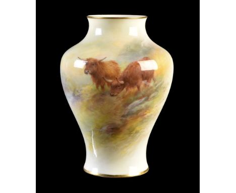 A Royal Worcester inverted baluster vase signed and painted by H. Stinton with Highland cattle, date code for 1902, puce mark