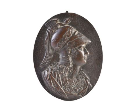 A Continental, probably French or Italian, bronze relief portrait plaque of Minerva, late 16th/early 17th century, the Goddes
