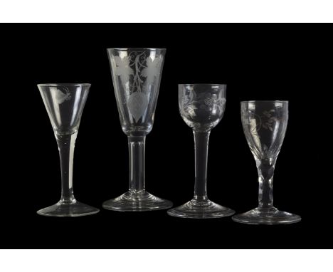 Four various wine glasses, various dates 18th century, including a hollow stemmed ale flute, engraved with hops and barley, 1