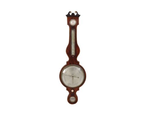A mahogany wheel barometer, Atwood, Lewes, second quarter 19th century, with dry/damp dial above a thermometer, silvered dial